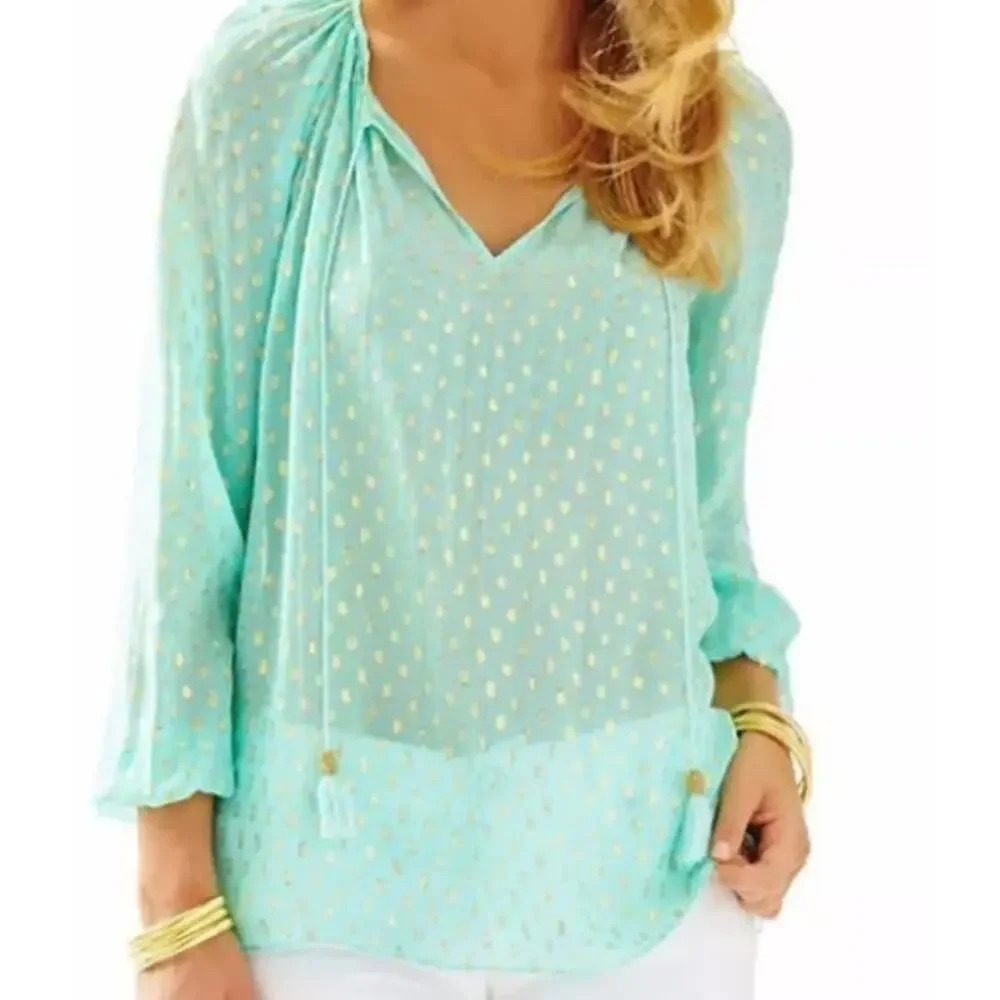 LILLY PULITZER Poolside Blue Rilla Silk Womens Blouse Gold Turquoise M